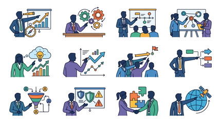 Fototapeta premium Dynamic Illustrations of Business Strategy Analytics Innovation and Global Collaboration Concepts with Diverse Professionals