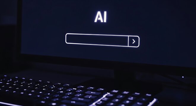Typing a search query into an AI interface on a computer screen in dark mode