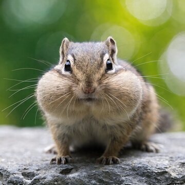 Macro Portrait of a Chipmunk with Full Cheeks Sitting on a Rock in Natural Light
