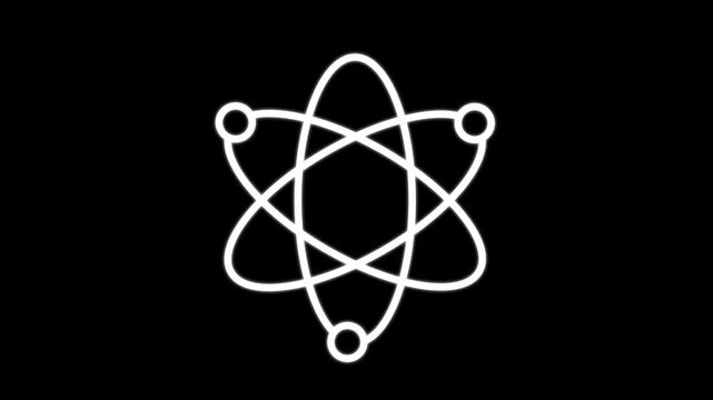 Glowing atom symbol with electrons spinning in elliptical orbits representing nuclear energy and scientific research, 4k video