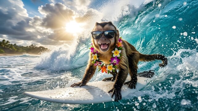 Cute Monkey Surfing Ocean Wave Wearing Sunglasses and Hawaiian Flower Lei, Summer Beach Adventure. monkey, surfing monkey, surfboard, ocean wave, sunglasses, hawaiian lei, summer, beach, cute monkey, 