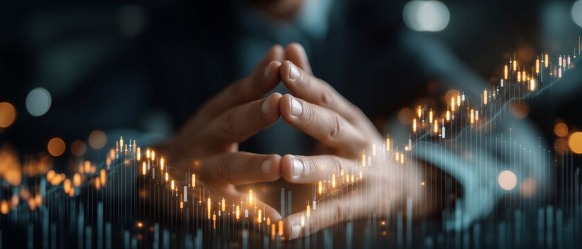 Focused Contemplation: Hands clasped in thoughtful deliberation, illuminated by the flickering glow of a vibrant financial graph.