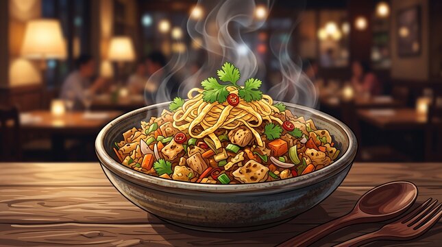 Gourmet Sri Lankan Kottu Roti Close-Up &ndash; Steaming Bowl Vector Illustration with Egg Garnish