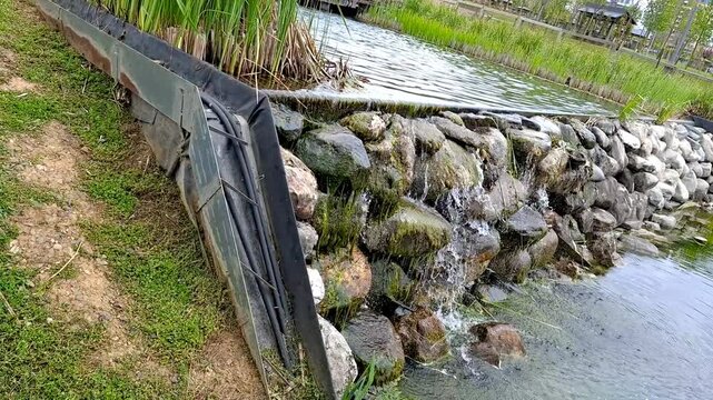 Small decorative waterfall cascade over mossy rocks in a beautiful park garden