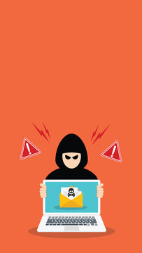 Phishing Email Cyber Attack Warning Hacker with Malicious Message on Laptop Flat Vector Illustration