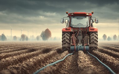 Obraz premium Red Tractor Driving Away From Camera While Cable Laying in a Field
