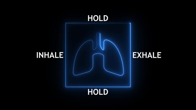 glowing neon animation of a box breathing exercise guide with lungs icon and inhale-hold-exhale cycle .useful for meditation, relaxation and mindfulness.4k motion video ...