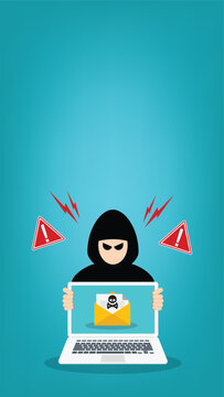 Phishing Email Cyber Attack Warning Hacker with Malicious Message on Laptop Flat Vector Illustration
