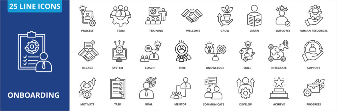 Onboarding icon collection set. Containing process, team, training, welcome, grow, learn, employee, human resources, engage, system icon. simple line vector.	