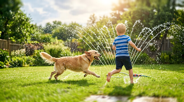 Young kid chasing dog through backyard water sprinkler enjoying active outdoor recreation and cooling off during hot summer afternoon.