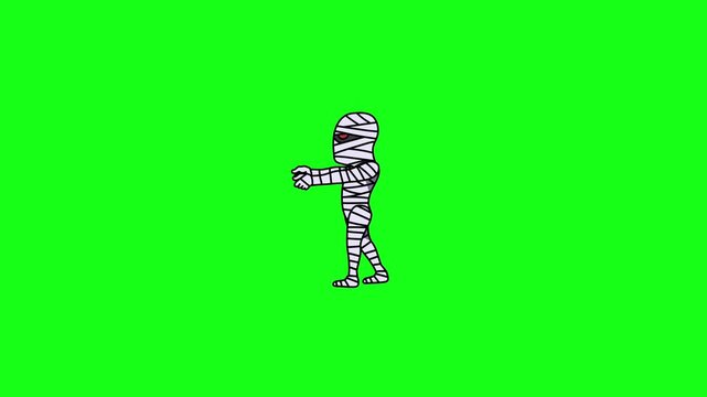Cute cartoon mummy walking cycle animation on green screen background