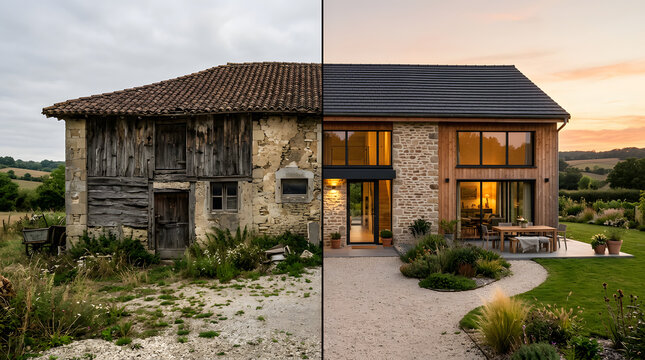 Avant apr&egrave;s r&eacute;novation d'une ancienne grange en maison moderne