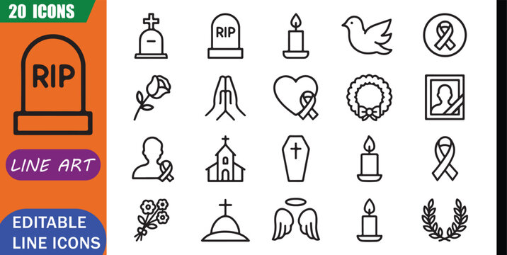 Isolated RIP Memorial Icons, 20 Editable Line Art Icons Set, remembrance, tribute, sympathy, condolence, funeral, honor, memorial service, simple outline signs