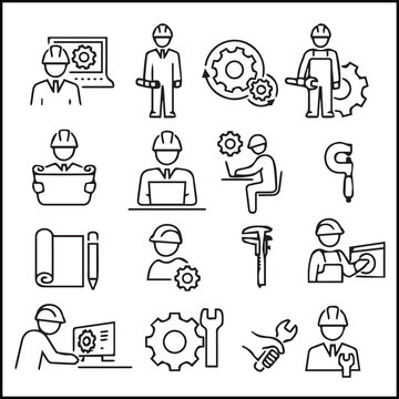 Engineering and Construction Line Icon Set - Industrial Worker Vector Symbols