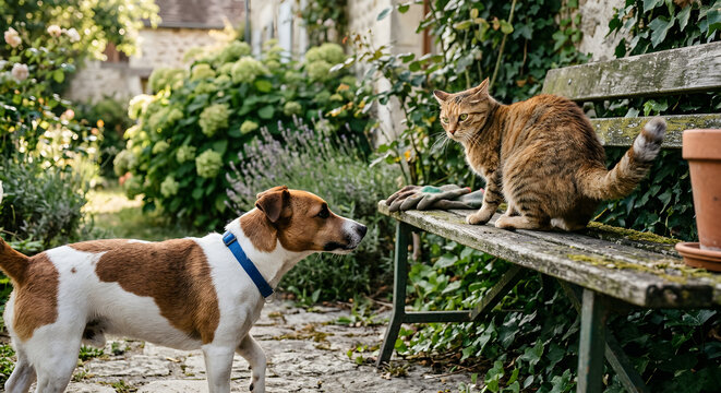 Un chien jack russell curieux s'approche d'un chat tigr&eacute; assis sur un vieux banc en bois dans un jardin fleuri