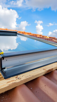 Fen&ecirc;tre de toit moderne install&eacute;e sur des tuiles rousses avec reflet du ciel bleu et des nuages