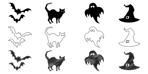 Obraz premium Halloween icon set featuring bats, cats, ghosts, and witch hats in solid, outline, and scribble styles for holiday designs.