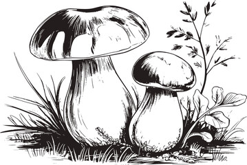 森の草の環境に生えている2つの野生のポルチーニ茸の詳細な白黒のインク画 © Bulbul