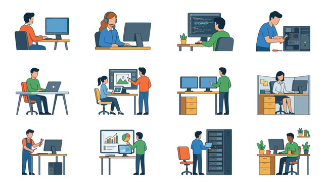 Clean Illustrated Set of IT Professionals Engaged in Various Tech Related Tasks and Discussions