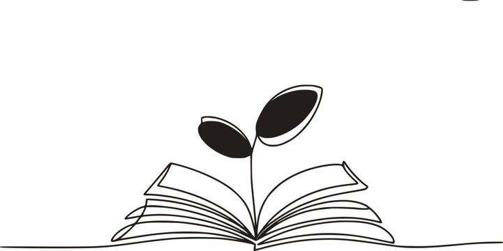 中央のページから小さな緑の芽が伸びている開いた本のミニマルな一筆書き