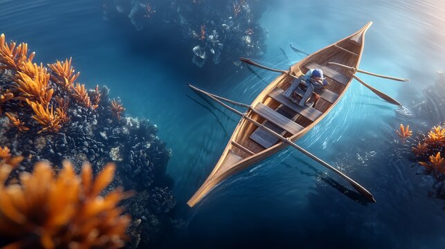 Aerial Top-Down View of Traditional Balsa Raft Navigating Calm Water