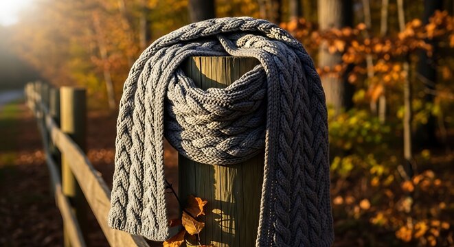 Cozy oversized grey cable knit scarf draped over a wooden post with autumn leaves in soft focus