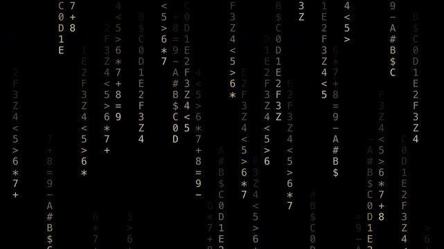 Beige digital code characters raining down cyber style, transparent background loop animation