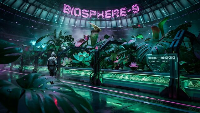 Futuristic indoor bio-dome exhibit featuring lush plants and neon lighting at science center
