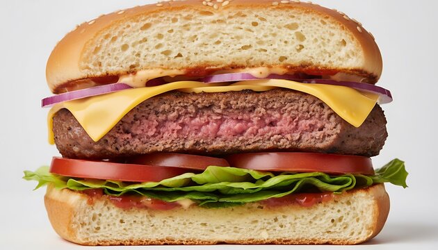 Cross section view of a juicy medium rare burger with cheese and fresh produce