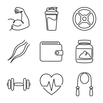 Fitness and Health Icons: Muscle, Dumbbell, Heartbeat, Shaker, Weight Plate, Jump Rope