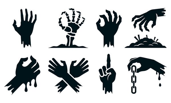 Halloween themed vector silhouettes of zombie hands holding chains and pointing in scary ways for spooky designs vector design