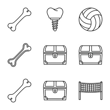Set of icons: dog bone, dental implant, volleyball, treasure chest, volleyball net