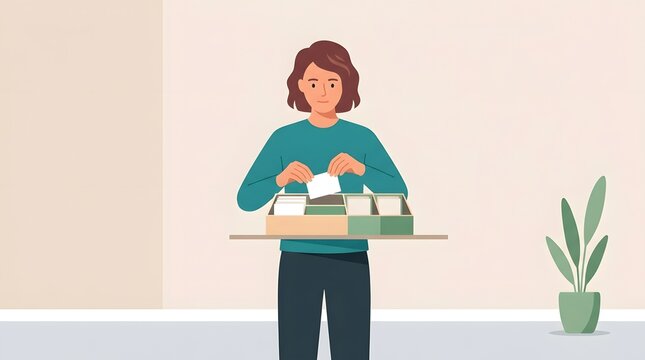 Organized Mail Delivery: A woman stands at a table, meticulously sorting mail into a parcel box, surrounded by a clean and organized environment.