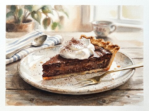 Watercolor Chocolate Brownie Mississippi Mud Cake Slice Art