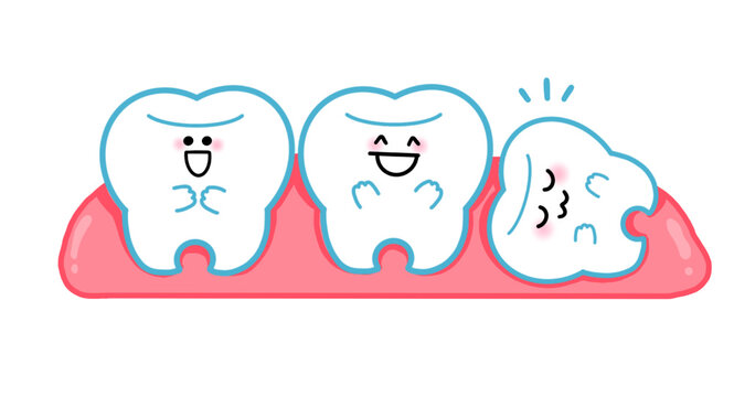 illustration featuring a row of teeth in pink gums, highlighting an impacted wisdom tooth growing sideways
