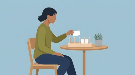 Fototapeta premium Memory Game: A woman thoughtfully places a card onto a wooden game board, engaging in a focused memory challenge.