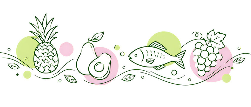 Minimalist food line art banner, healthy organic ingredients sketch, pineapple avocado fish and grapes illustration, clean nutrition concept isolated on White Background ai