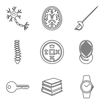 Diverse Icons: Neuron, Brain Scan, Sword, Spine, Coin, Mask, Key, Books, Watch