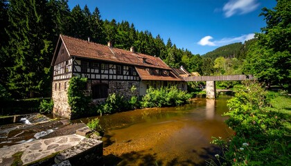 Fototapeta premium Rustic wooden cabin surrounded by lush greenery in summer.