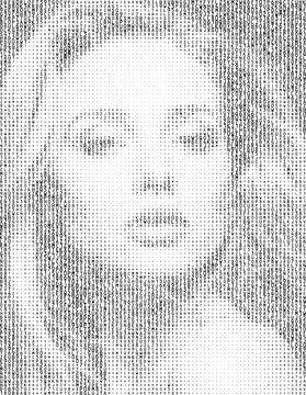 Large vector female face illustration made up of multiple letters and numbers in an ASCII art style with a transparent background
