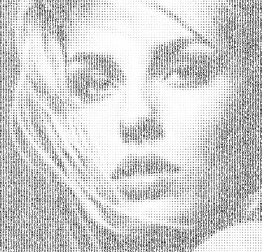 Large vector female face illustration made up of multiple letters in an ASCII art style with a transparent background