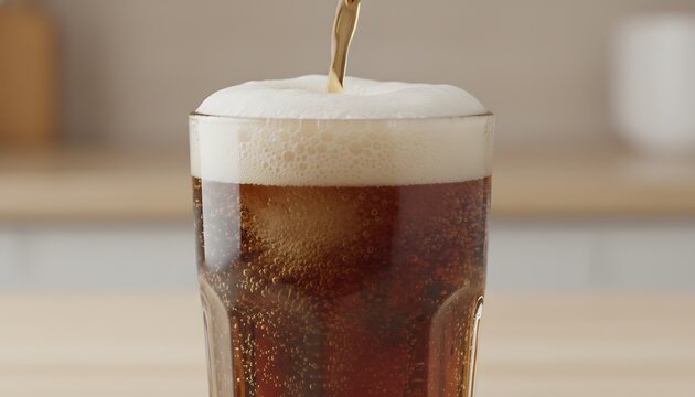 Dark carbonated drink pouring into a clear glass filling with foam and bubbles