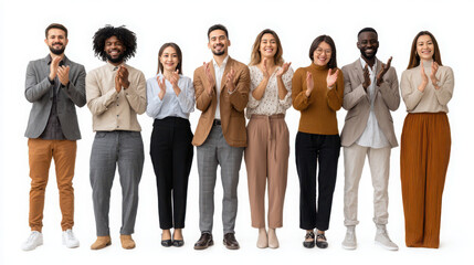 Fototapeta premium Colleagues stand in a line and clap their hands to celebrate a business success.
