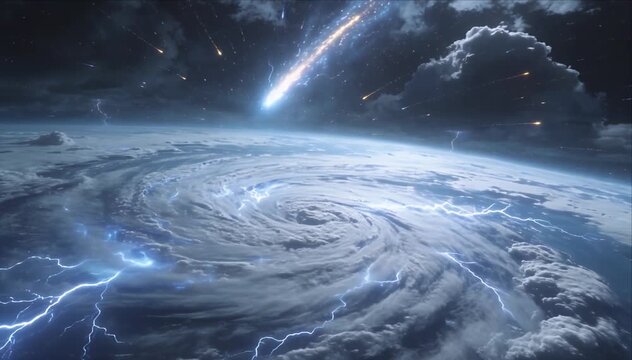 Cosmic storm space lightning swirl cloud planet sky meteor impact dramatic energy power vortex comet shower night atmosphere chaos disaster destruction danger science fiction fantasy landscape sci fi