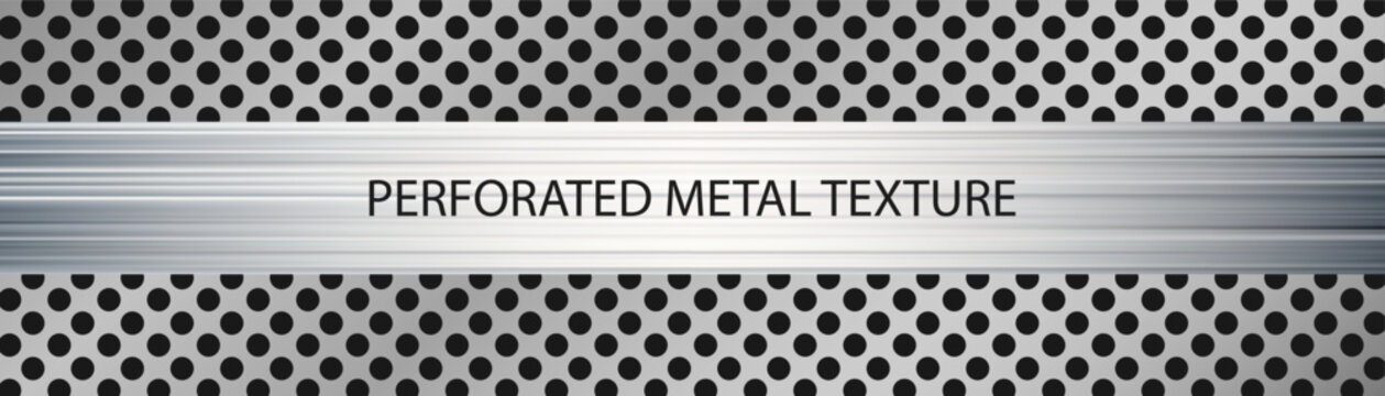 Metal perforated plate with hexagonal pattern creates industrial texture. Realistic silver mesh background with precise holes. Metallic grill surface for modern design projects.