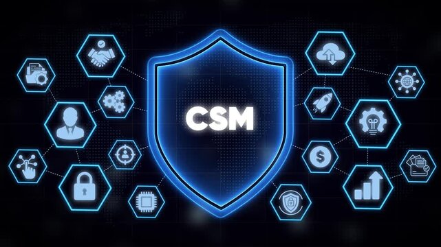 Csm customer success management concept with digital shield and network animation