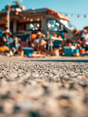 Obraz premium Blurred orange and teal RV camping lifestyle scene with gravel foreground and glowing lights for travel copy space