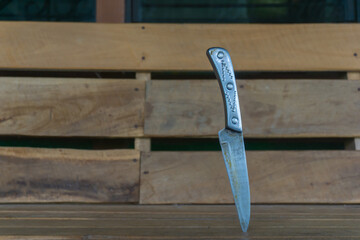 An outdoor scene showing a knife with a silver handle and pointed blade, embedded upright into a wooden surface © Segoro Adem