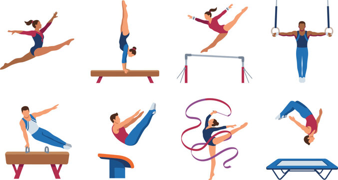 Gymnastics Athletes Performing Artistic Routine and Apparatus Exercises Vector Illustration Set