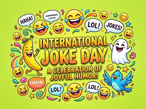 Colorful and playful international joke day celebration with emojis and funny characters in vibrant design